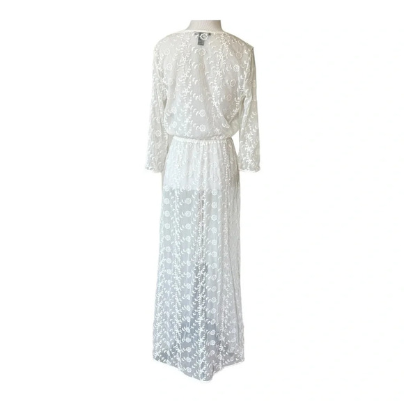 White Lacy Embroidered Maxi Dress Festival Summer Boho Kimono Medium - Picture 5 of 11